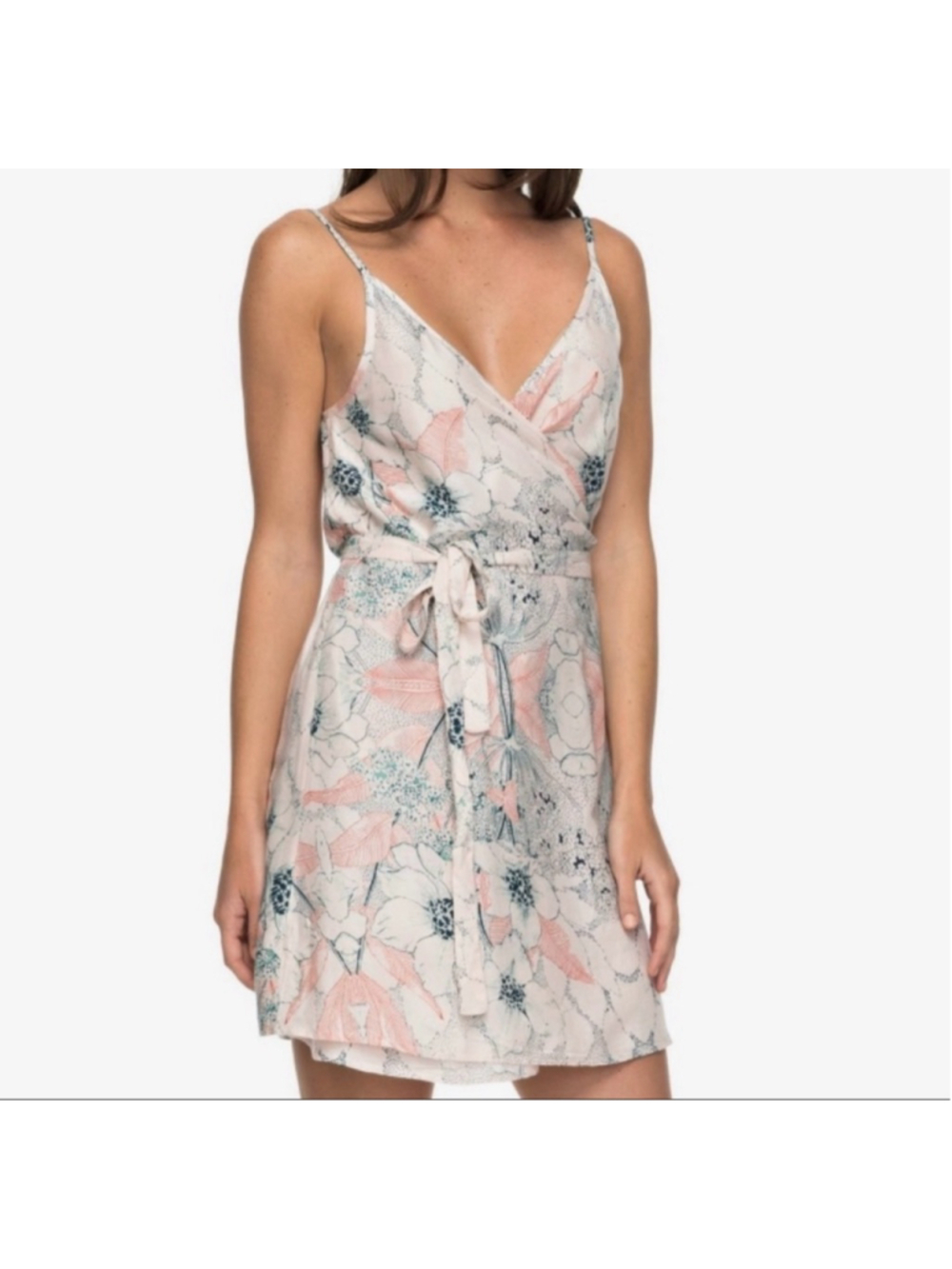 Women's ROXY Mini Dress XS Beige Pink Floral Wrap